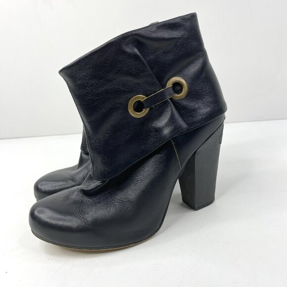 Fly London Boots Women Size 8 Black Leather Fold Over Ankle Booties Heels Shoes - Picture 3 of 7